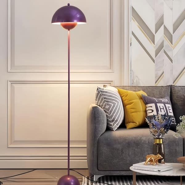 Floor Lamp Matte Black with Reflecting Purple Dome Shade Foot Switch