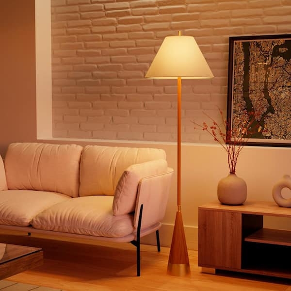 Floor Lamp Matte Brass Accents Wood Toned Tripod Base Mid-Century