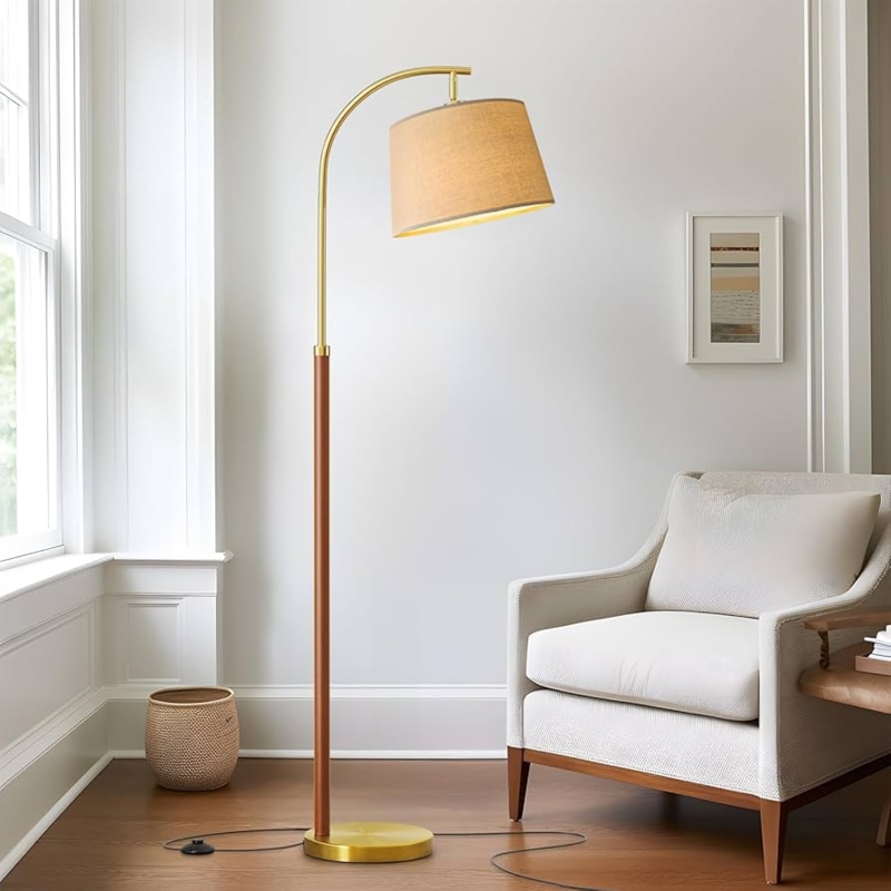 Floor Lamp Mid Century Arc Wood Arm Adjustable Head Gold