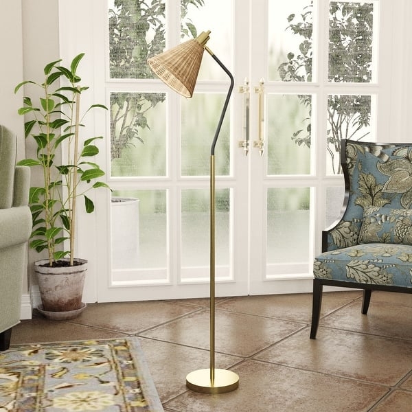 Floor Lamp Mid-Century Modern Adjustable Gold Arm Black Conical Shade