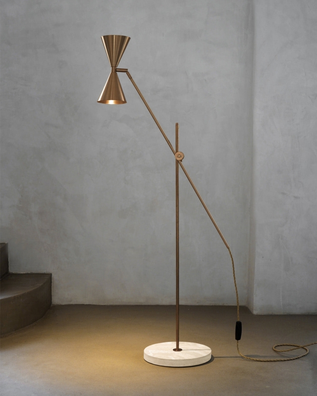 Floor Lamp: Mid-Century Modern Double Head Brushed Brass Cone Shades