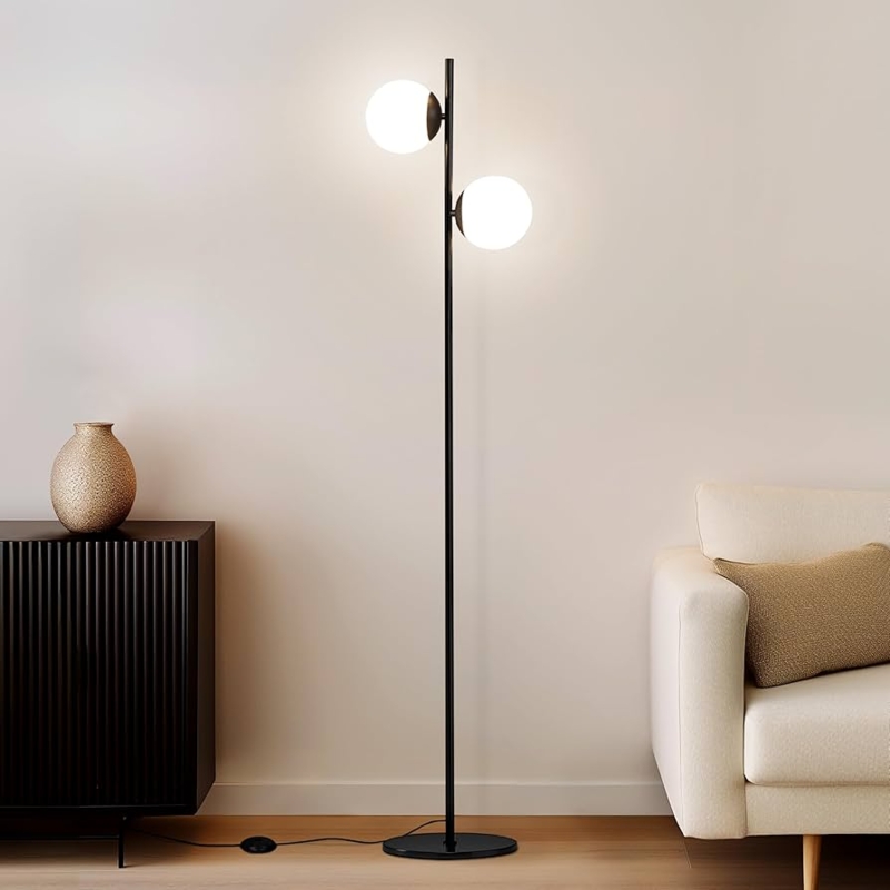 Floor Lamp Mid Century Modern Two Light Matte Black Frosted Globes