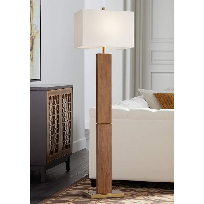 Floor Lamp Mid-Century Wood Slatted Column Base Large Drum Shade