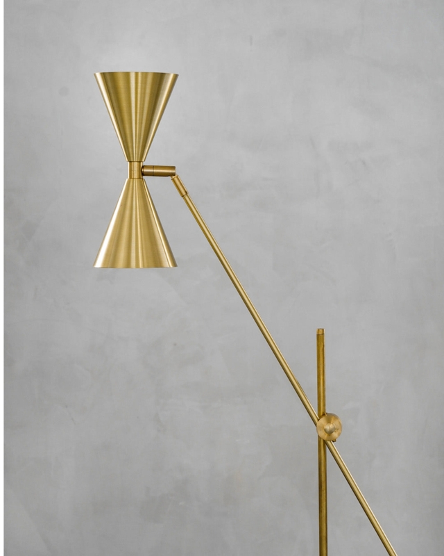 Floor Lamp: Minimalist Brushed Brass Finish Dual Conical Shades Detail