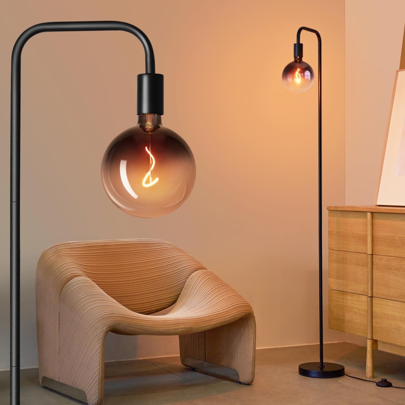Floor Lamp Minimalist Industrial Clear Glass Globe Black Metal