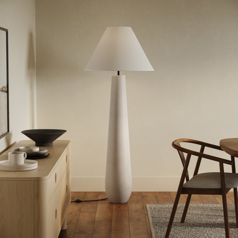 Floor Lamp: Minimalist Terrazzo Base Slender Silhouette Off-White