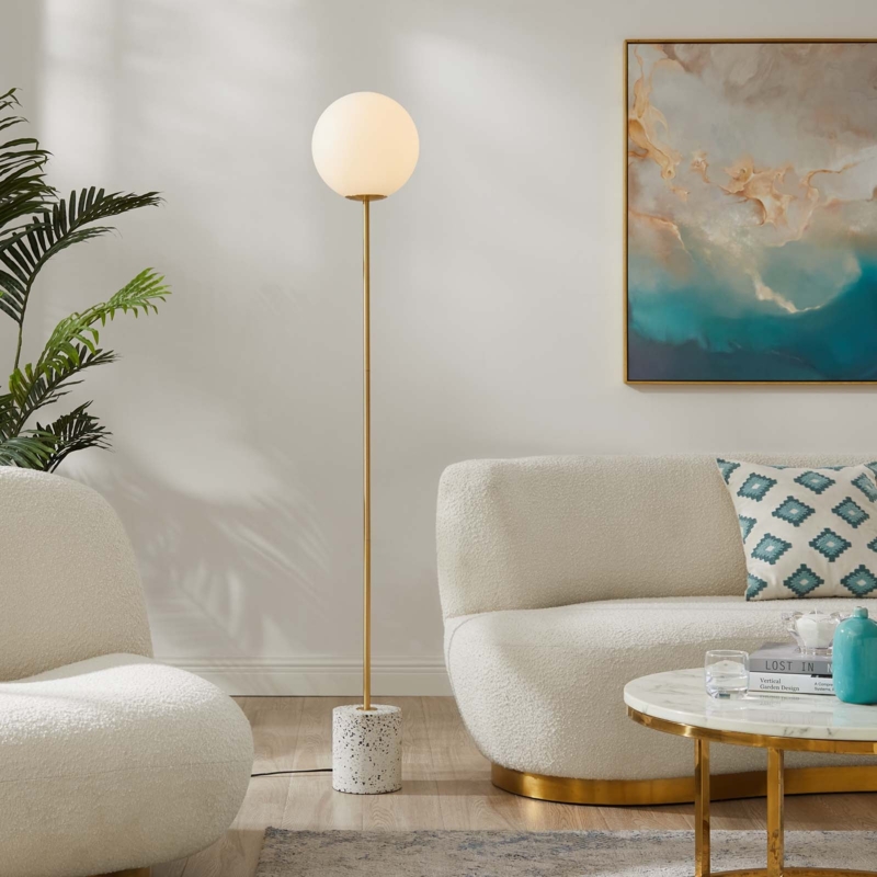 Floor Lamp Minimalist White Globe Shade Terrazzo Base Bent Neck