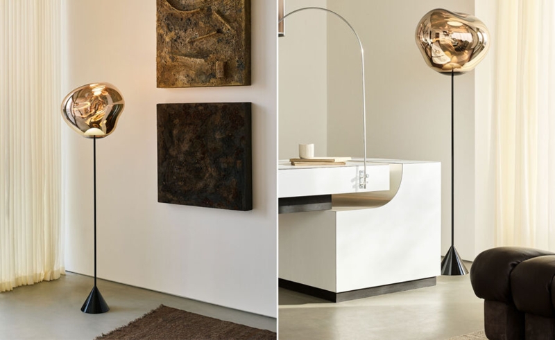 Floor Lamp: Mirrored Copper Finish Organic Melting Shade Modern