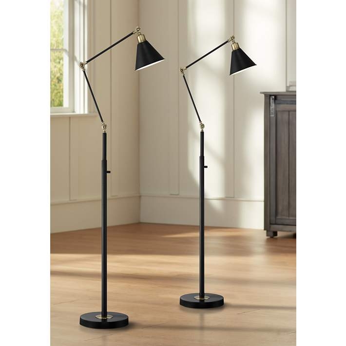 Floor Lamp Mixed Metal Finish Black and Antique Brass Adjustable Arm