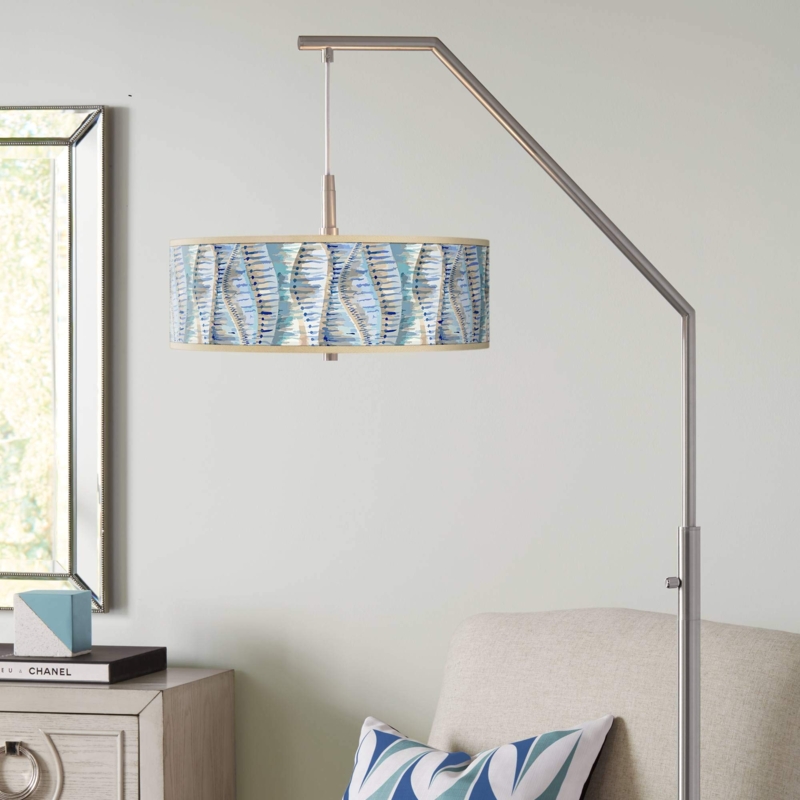 Floor Lamp Modern Arc Brushed Nickel Blue Wave Pattern Shade