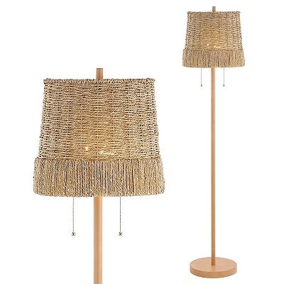Floor Lamp Modern Black Metal Tripod Woven Rattan Shade Pull Chain