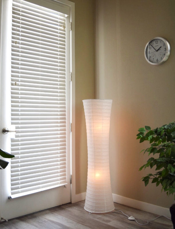 Floor Lamp: Modern Cylinder, Crinkled Paper Shade, Ribbed Framework.