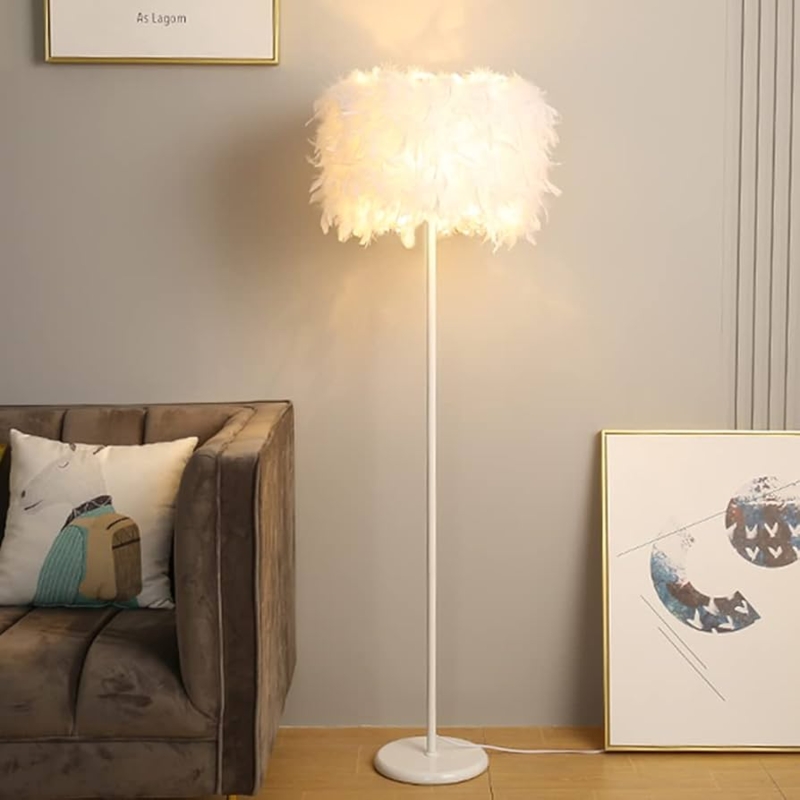 Floor Lamp Modern Glam White Feather Shade Gold Slender Pole