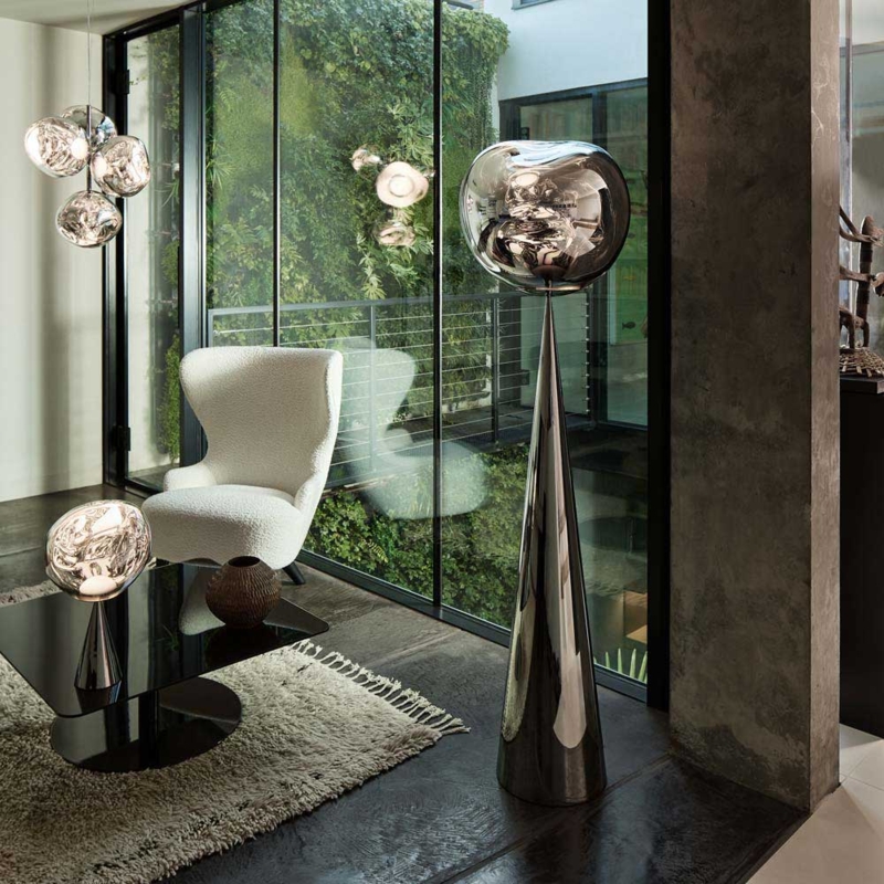 Floor Lamp: Modern Mirrored Finish Black Conical Base Distorted Shade
