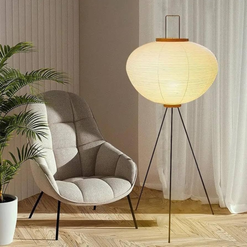 Floor Lamp: Modern Noguchi Style Lantern Shade, Metal Tripod Base.