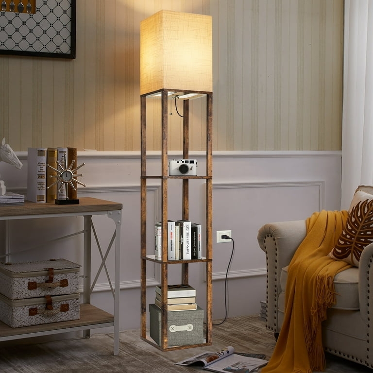 Floor Lamp Modern Tower Design Integrated Shelving Wood Toned