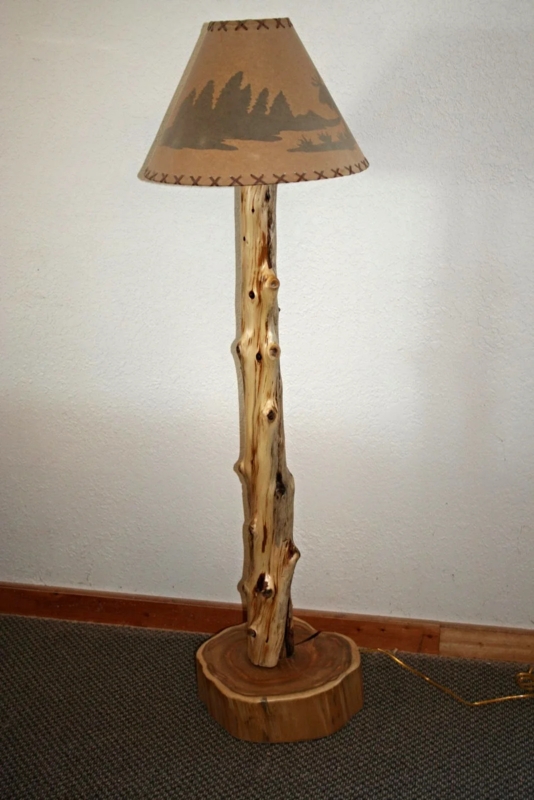 Floor Lamp Natural Log Construction with Hand Laced Shade Lodge Style