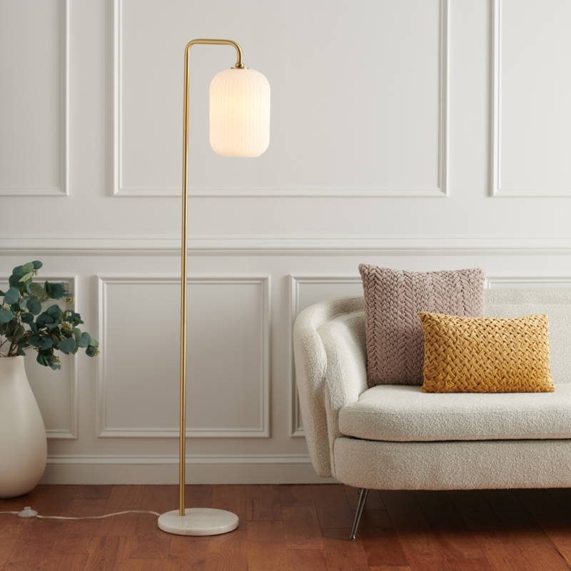 Floor Lamp Offset Arm Gold Finish White Drum Shade