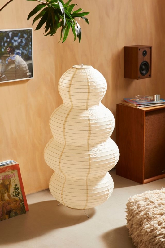 Floor Lamp: Organic Modern Wood Tripod Base, Ribbed Spherical Shade.