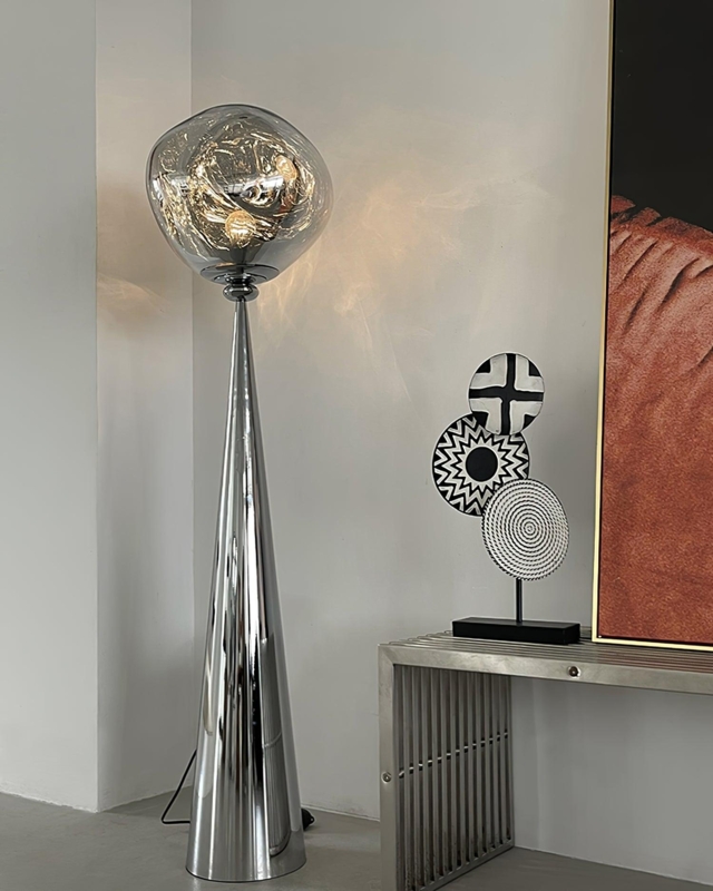 Floor Lamp: Organic Shaped Iridescent Finish White Conical Base