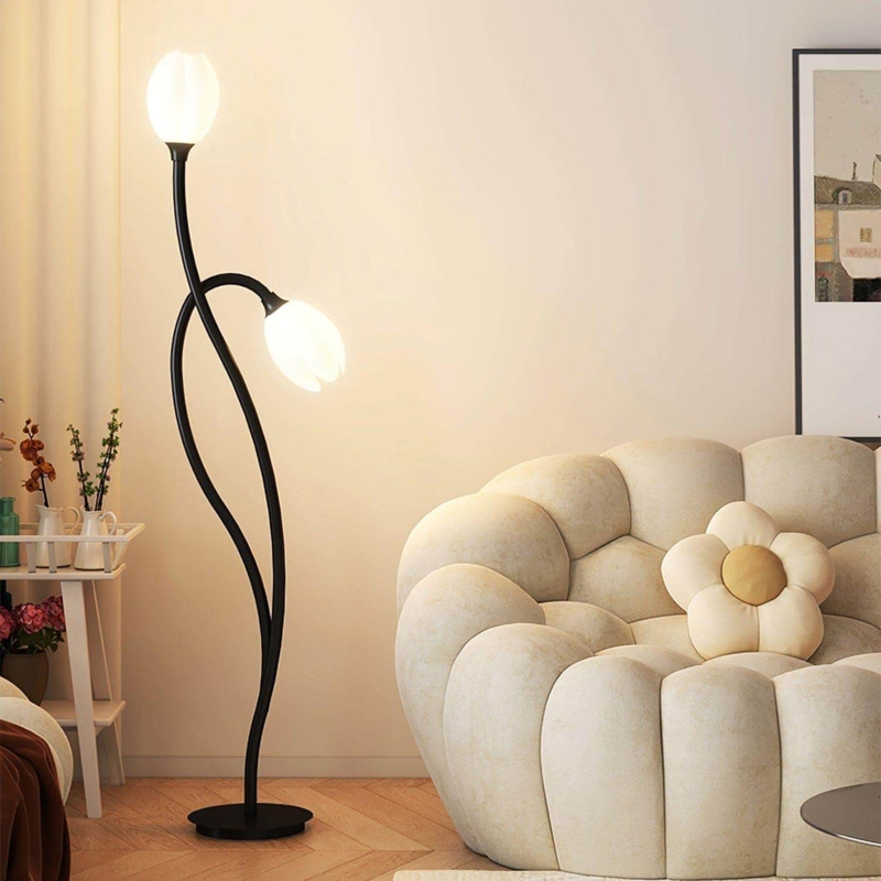 Floor Lamp: Oversized Petal-Shaped Shade on Slender Black Base
