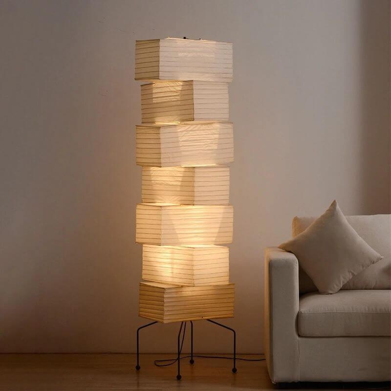 Floor Lamp: Oversized Rice Paper Lantern, Bamboo Ribbing, Metal Tripod.
