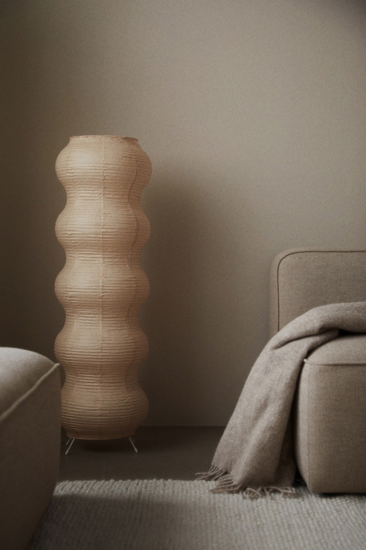 Floor Lamp: Oversized Spherical Rice Paper Shade, Slim Metal Tripod Base.