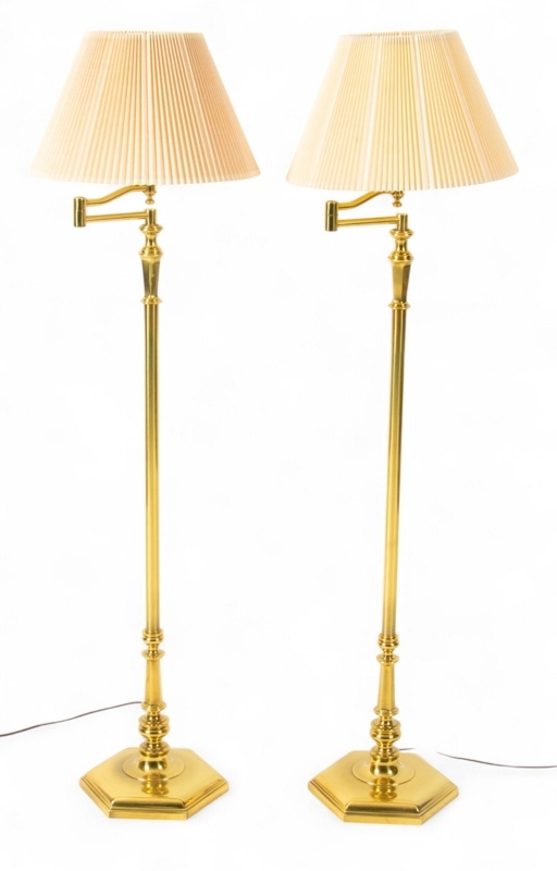 Floor Lamp Pair Polished Finish Turned Pole Drum Shade Classic