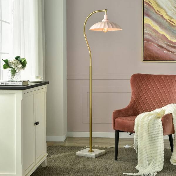 Floor Lamp Pink Metal Domed Shade Polished Finish Slim Stem Chic