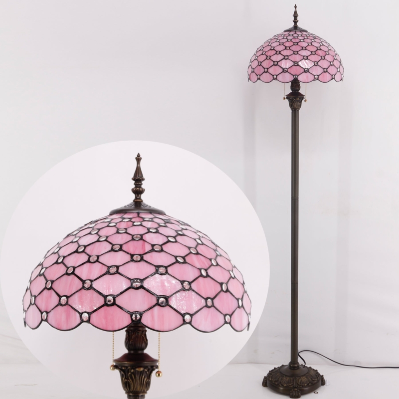 Floor Lamp Pink Stained Glass Leaded Shade Bronze Finish Vintage