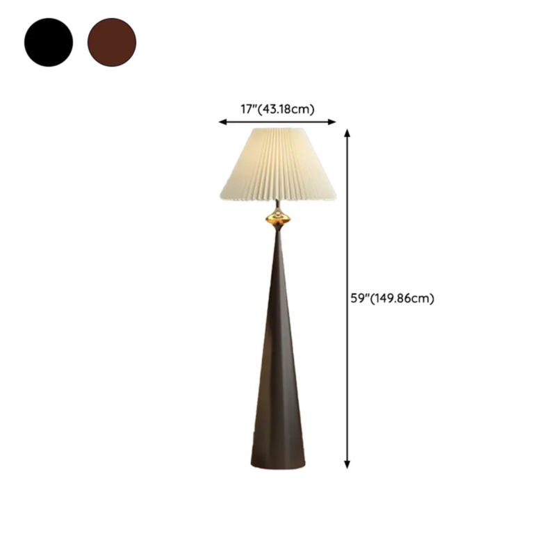Floor Lamp Pleated Shade Walnut Toned Neck Metal Base Mid-Century