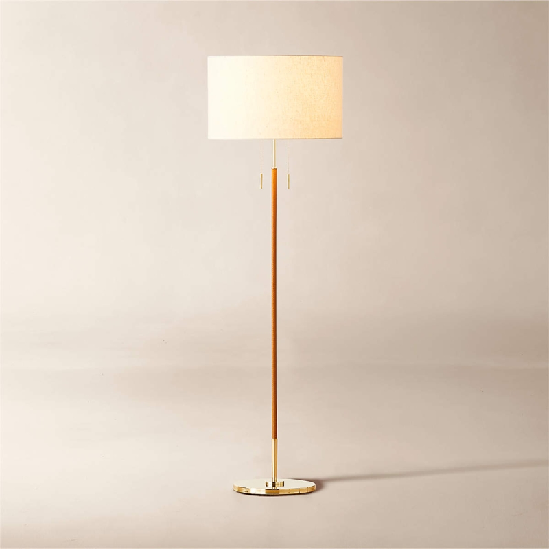 Floor Lamp Polished Brass Stitched Leather Wrap Minimalist