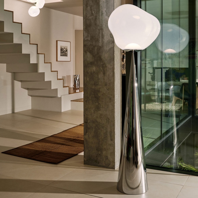 Floor Lamp: Polished Chrome Distorted Shade Sculptural Silver Styling