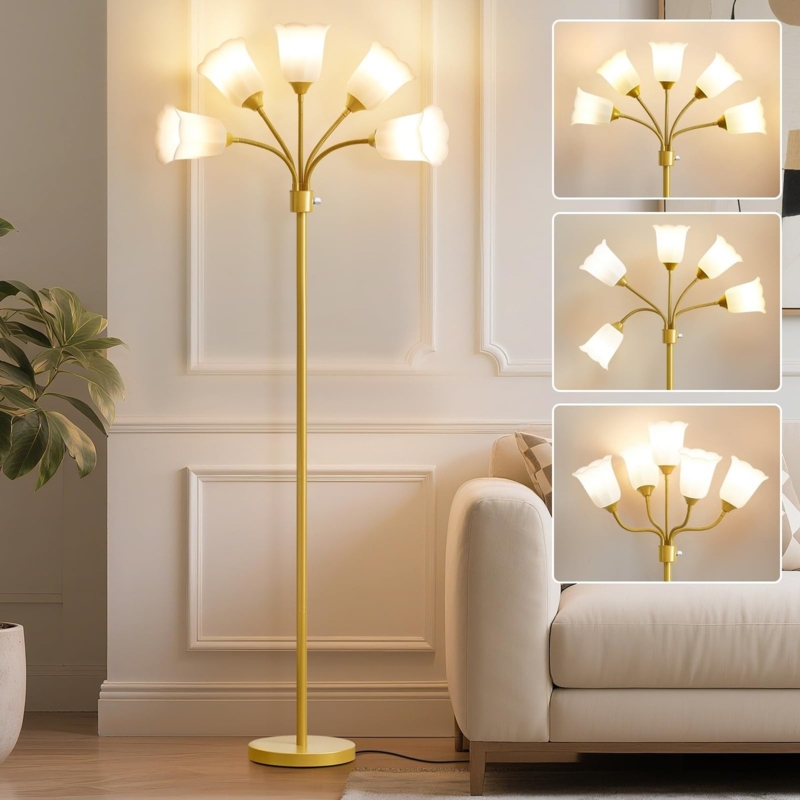Floor Lamp Polished Gold Multi Arm Arched Frosted White Shades Modern