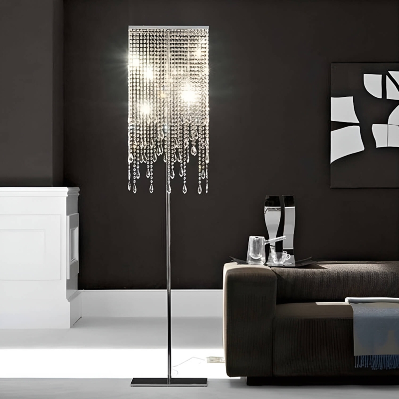 Floor Lamp Polished Silver Square Lampshade Crystal Raindrop Design