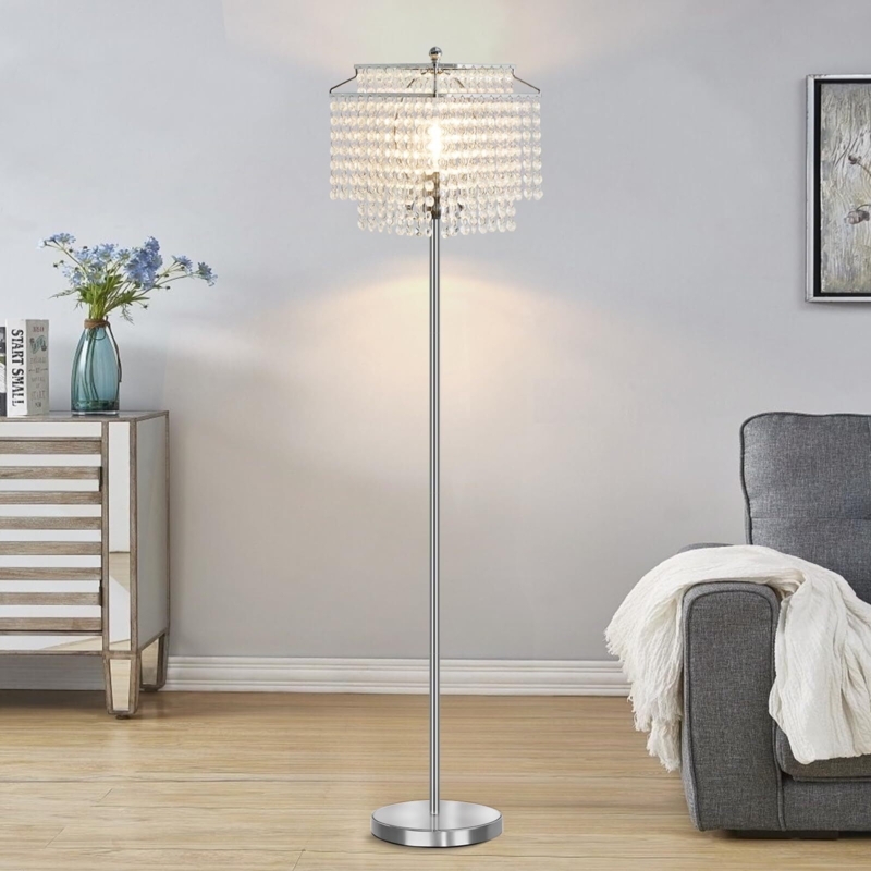 Floor Lamp: Polished Silver with Crystal Accents and Double Layer Shade