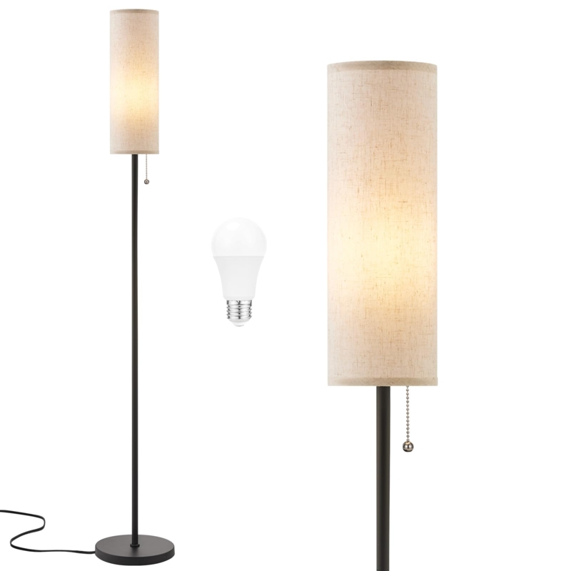 Floor Lamp Pull Chain Switch Matte Black Beige Shade Cozy