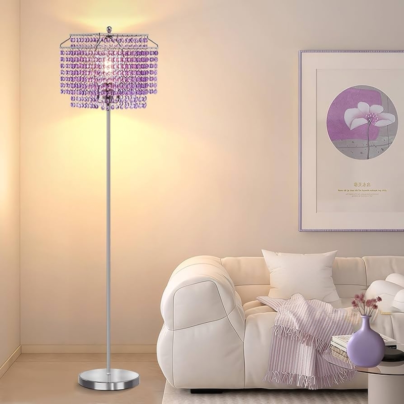 Floor Lamp Purple Double Layer Shade Crystal Sphere Base Gold Finish