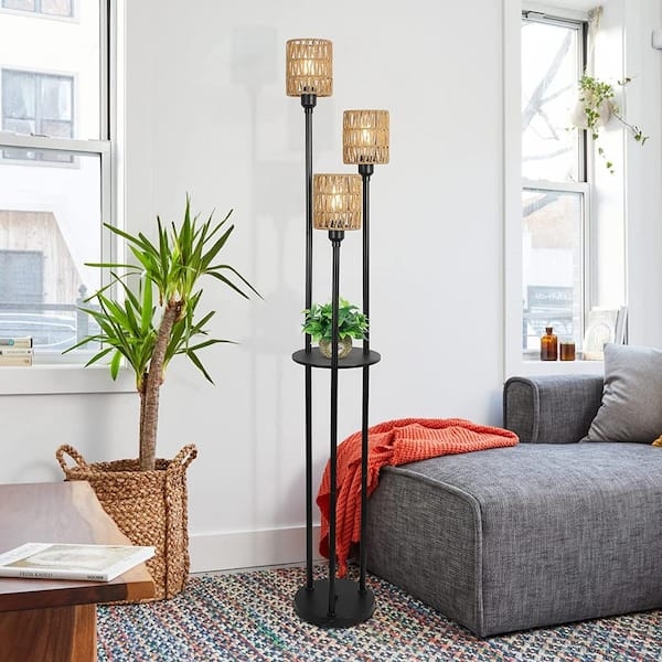 Floor Lamp Rattan Shades with Built In Shelves and Staggered Design