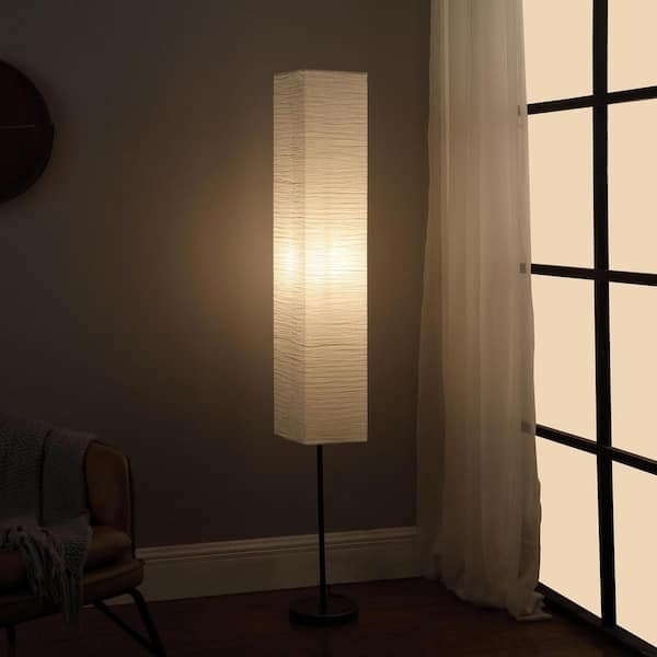 Floor Lamp: Rectangular Crinkled Shade, Black Four-Post Frame, Zen Style.
