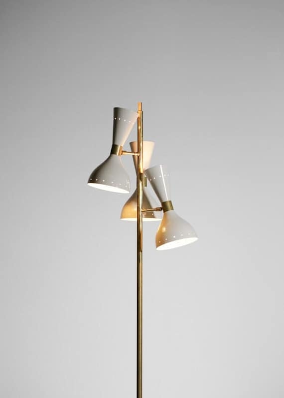 Floor Lamp: Retro Polished Brass Tripod Base Cone Shades Mid-Century