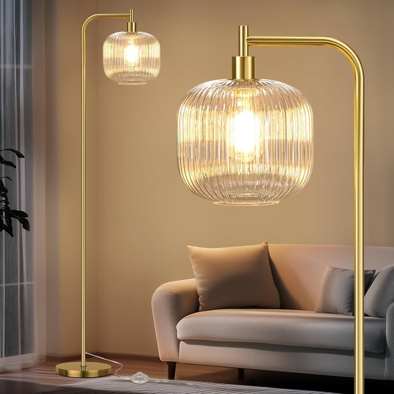 Floor Lamp Ribbed Clear Glass Shade Brushed Gold Finish Curved Neck