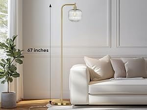 Floor Lamp Ribbed Glass Shade Brushed Gold Finish