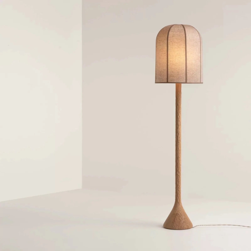 Floor Lamp Ribbed Wood Base Linen Fabric Shade Organic Modern