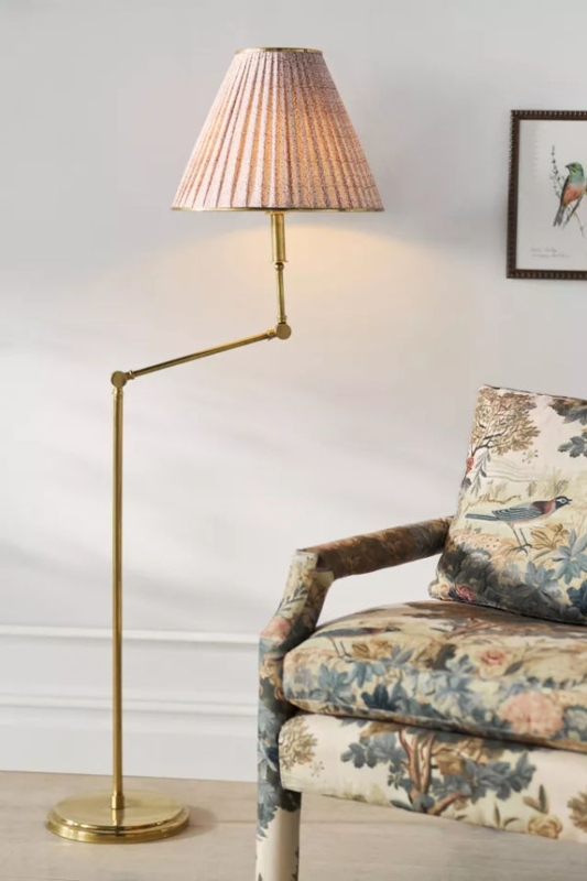 Floor Lamp Rounded Base Pleated Shade Brass Tone Sophisticated
