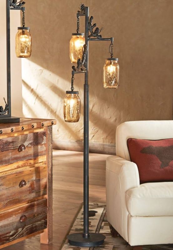 Floor Lamp Rustic Branch Motif with Pinecone Accents and Glass Jar