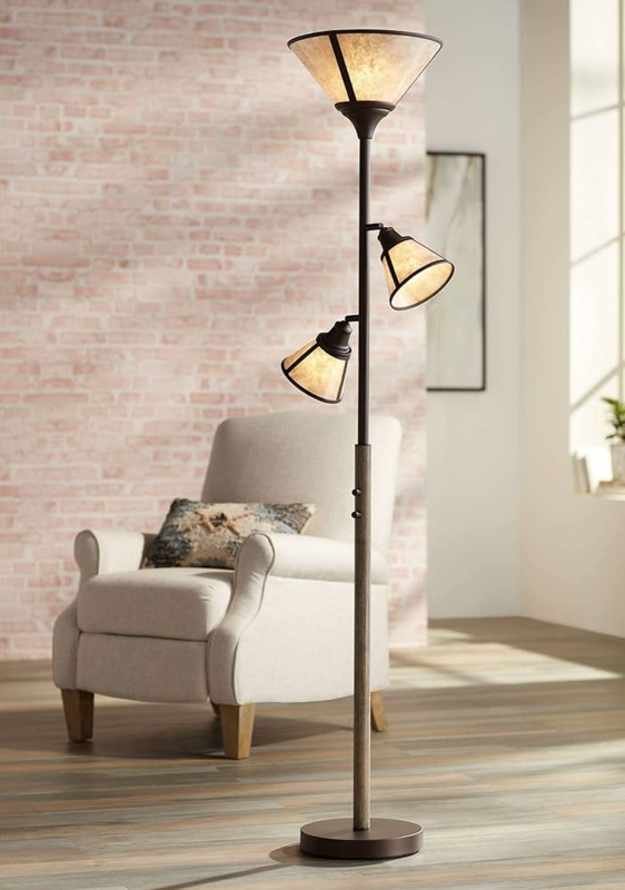 Floor Lamp: Rustic Farmhouse Torchiere Mica-Like Shades Dark Bronze