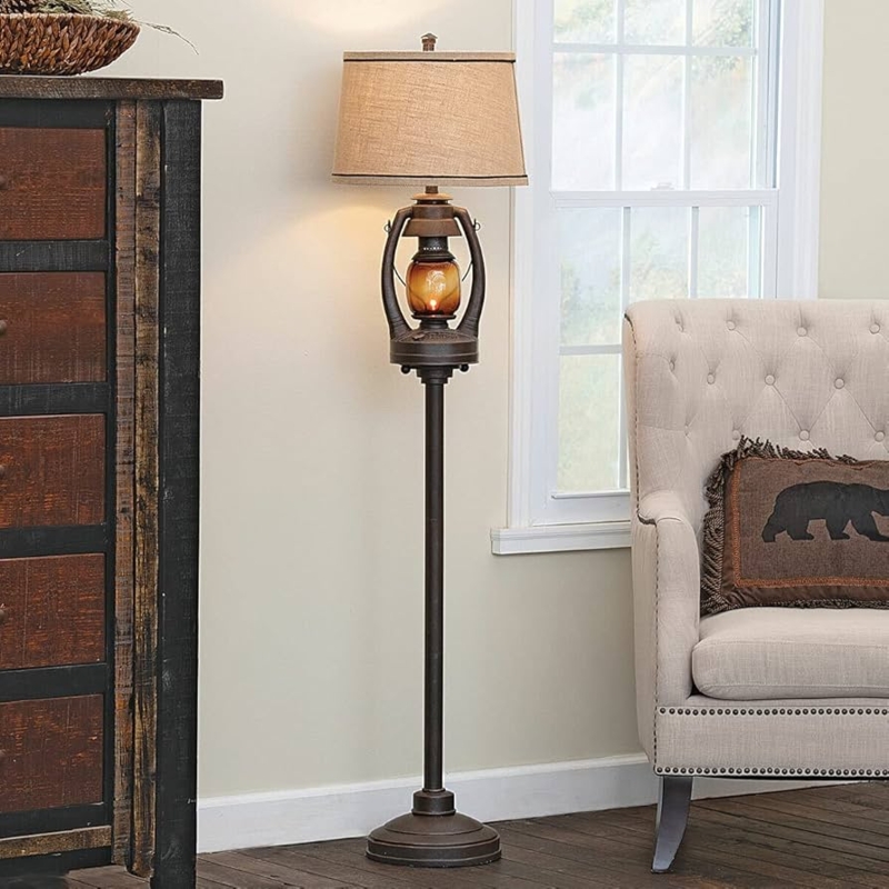 Floor Lamp Rustic Lodge with Hanging Lantern Detail and Burlap Shade