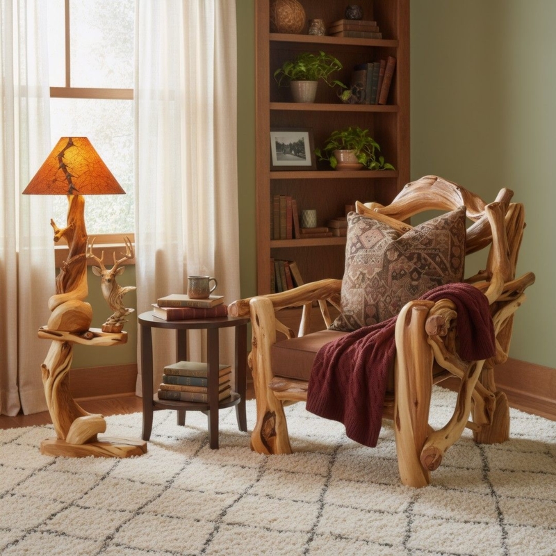 Floor Lamp Rustic Natural Log Base Integrated Side Table
