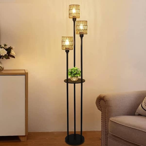 Floor Lamp Rustic Three Tier Integrated Shelves Woven Rattan Shades